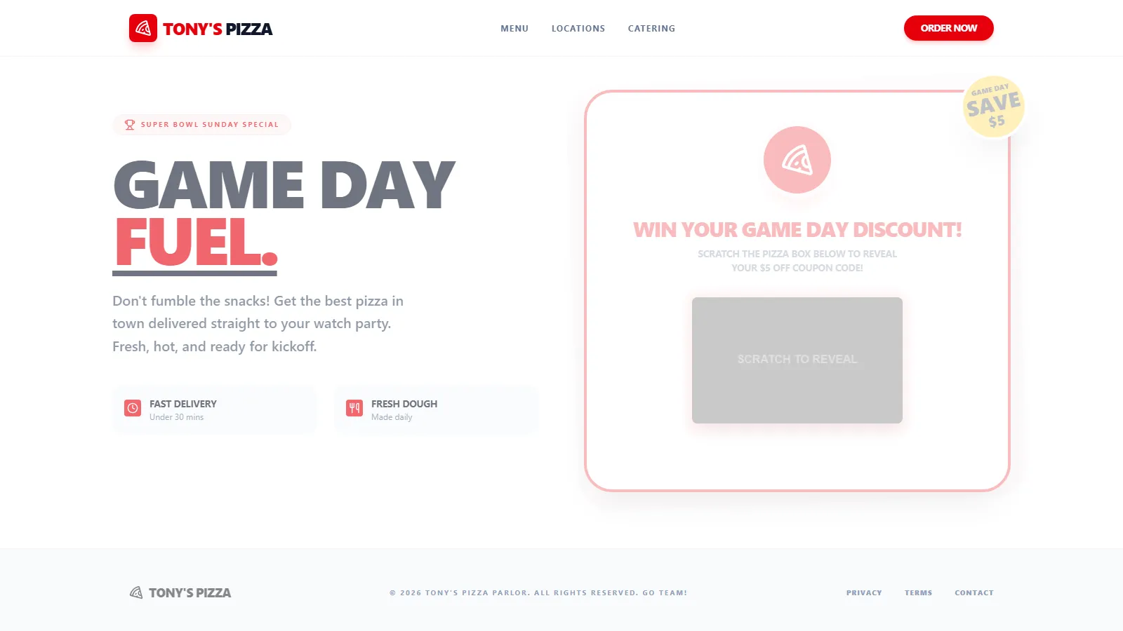 Tony's Pizza interactive scratch-off sales page sample
