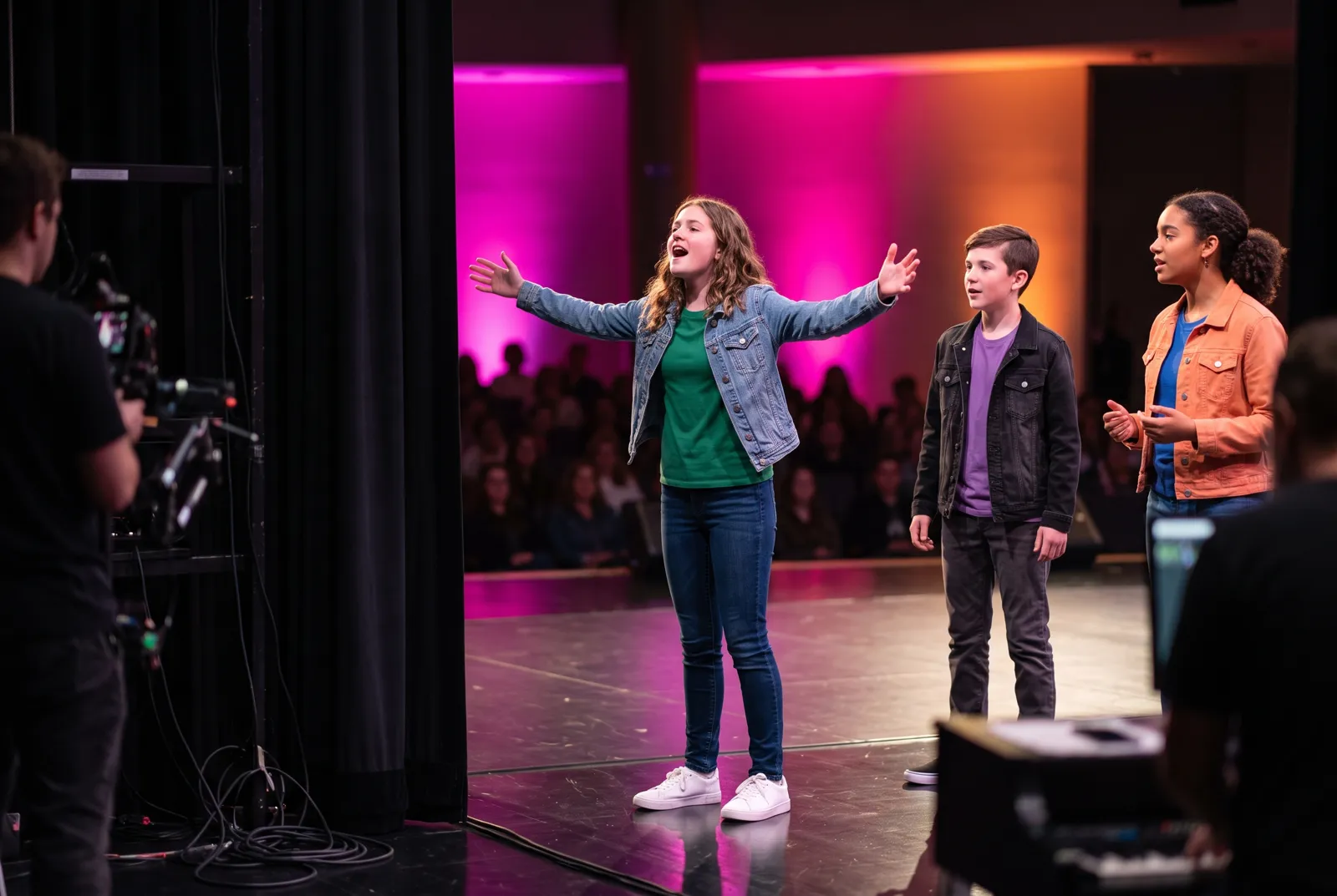 Students performing the fall musical on stage